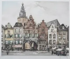 Roger Hibbelinick, European Town View, Color etching