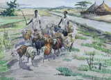 J.V. Wolff, Goat Herders on the African Plain, Watercolor