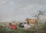 Thomas Sidney Cooper, Cattle Lounging on a Hilltop, Watercolor on paper mounted on board