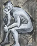 Marianna van Rosen Hoogendyk, Male Nude Contemplating the Headlines, Ink and gouache on newsprint