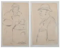 Glen Cooper Henshaw, PORTRAIT OF A GENTLEMAN IN A HAT and WOMAN PEELING POTATOES: TWO WORKS, each signed lower right, Charcoal on paper