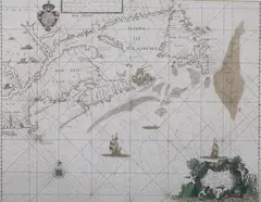 A Chart of the Coast of America from New Found Land to Cape Cod by John Seller, Engraving with hand-coloring, with decorative cartouche and coat-of-arms, a compass, ships, and some beavers populating , sold Jun 2009