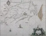 John Seller, A Chart of the Coast of America from New Found Land to Cape Cod, Engraving with hand-coloring, with decorative cartouche and coat-of-arms, a compass, ships, and some beavers populating New France, or Canada