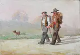 J. Fabre, Two Friends and Dog Along Road, Oil on canvas