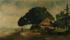 Continental School, Japanese Coastal Village Scene, JAPANESE COASTAL VILLAGE SCENE, oil on canvas laid on panel