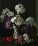 Frederick George Meekley, Hydrangeas and Nosegays with Putto on a Tabletop, Oil on canvas