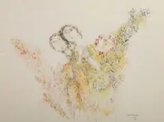 Sakti Burman, Three Female Figures, Watercolor on board