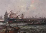 Tankers at Harbor by American School, Oil on canvas, sold Jun 2009