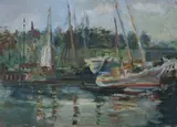 Boats at Dock by American School, BOATS AT DOCK, oil on canvas, sold Jun 2009