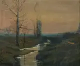 F.J. Claussen, Tonalist Landscape with Stream, Oil on board