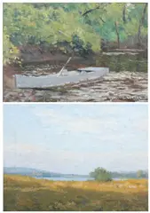 Emile Stange, LANDSCAPE WITH BLUE SKY and ROWBOAT IN STREAM: TWO WORKS, first, Oil on canvas board