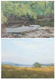 Emile Stange, LANDSCAPE WITH BLUE SKY and ROWBOAT IN STREAM: TWO WORKS, first, Oil on canvas board