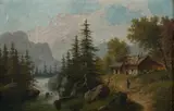 Mountain Stream with Cottage by Continental School, MOUNTAIN STREAM WITH COTTAGE, oil on panel, sold Jun 2009