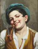 Vally, Young Boy in Blue Cap Smoking Pipe, Oil on board