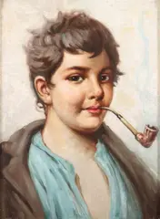 Vally, Young Boy Smoking Pipe, YOUNG BOY SMOKING PIPE, oil on board