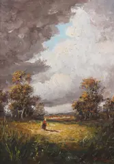 H. Augier, Fields with Storm Approaching, Oil on panel