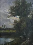French School, Landscape with Farmers, Oil on panel