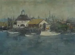Jean Kalisch, Boats at the Pier, Oil on board