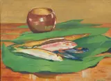 F. del Mar, Still Life with Tropical Fish on Banana Leaf, Oil on canvas