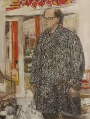 Olwyn Bowey, Untitled, Olwyn Bowey RA (b.1936) Portrait of Carel Weight in a tweed coat oil on canvas 119 x 88cm