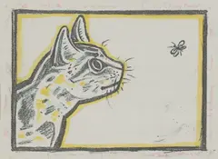 John Craxton, Untitled, John Craxton RA (1922-2009) Cat and butterfly a reproduction print with hand-colouring