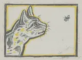 John Craxton, Untitled, John Craxton RA (1922-2009) Cat and butterfly a reproduction print with hand-colouring