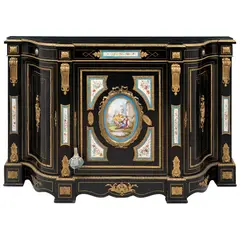 Cómoda, EUROPA, SIGLO XIX, Madera laqueada con aplicaciones de bronce y medallones de porcelana pintada a mano con escenas galantes y bouquets florales