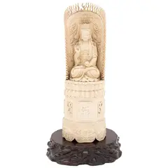 Buda, CHINA, PRINCIPIOS DE SIGLO XX, Talla en marfil esgrafiado y entintado con bases de madera tallada
