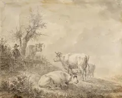 Jan II Kobell, Kühe auf der Weide, Lavierte Tuschzeichnung über schwarzem Stift auf Papier