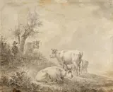 Jan II Kobell, Kühe auf der Weide, Lavierte Tuschzeichnung über schwarzem Stift auf Papier