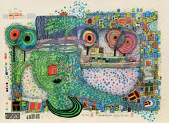 Regentropfenzähler by Friedensreich Hundertwasser, 1981, Farblithografie und -serigrafie mit Metallprägung auf Velin, sold Feb 2019
