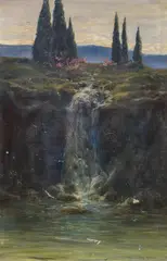 Max Rabes, Italienische Landschaft mit Zypressen und Wasserfall, Öl auf Leinwand