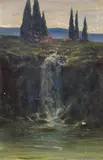 Max Rabes, Italienische Landschaft mit Zypressen und Wasserfall, Öl auf Leinwand
