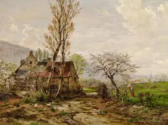 Kinder auf der Frühlingswiese am Gehöft by Heinrich Hartung, Öl auf Leinwand, sold May 2019