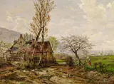 Heinrich Hartung, Kinder auf der Frühlingswiese am Gehöft, Öl auf Leinwand