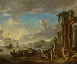 Johann Georg Stuhr, Händler in einem idealen südlichen Hafen, Öl auf Leinwand