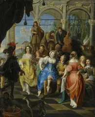 Hieronymus Janssens, Festgesellschaft mit Musikern in einer offenen Palastarchitektur, Öl auf Leinwand