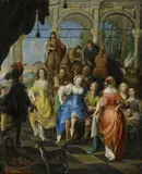 Hieronymus Janssens, Festgesellschaft mit Musikern in einer offenen Palastarchitektur, Öl auf Leinwand