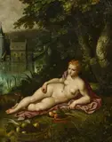 Lodewijk Toeput, Am Ufer lagernde Pomona vor einem Wasserschloss, Öl auf Leinwand