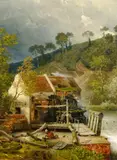 Hessische Wassermühle by Andreas Achenbach, Öl auf Holz, sold May 2019
