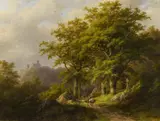 Johann Bernhard Klombeck, Landschaft mit Waldweg und Burg, Öl auf Holz