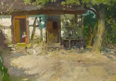 Bauernhaus mit Katze by Robert Sterl, um 1901, Öl auf Leinwand, sold Nov 2020