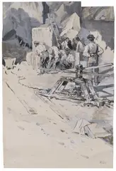 Robert Sterl, Arbeiter mit Kettenwinde beim Transport von Steinblöcken, Aquarell, farbige Tusche und Deckweiß auf Papier
