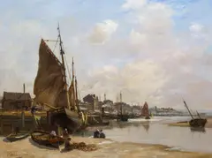Jacob Maris, Holländische Gracht mit anliegenden Booten, Öl auf Leinwand