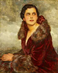 Gustav Böhm, Porträt einer Dame im Pelzmantel, Öl auf Holz