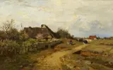 Rudolf Schuster, Trauerprozession am Dorfrand, Öl auf Leinwand