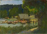 Adolf Frey-Moock, "Badegäste am Badesteg eines Bayerischen Sees", Öl auf Karton
