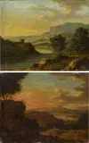 Zwei Gemälde: Bergige Flusslandschaft mit Personen. Sowie Sonnenaufgang in Landschaft by Johann Christian Vollerdt, Öl auf Leinwand, sold May 2019