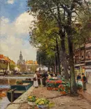 Heinrich Hermanns, Blumenmarkt in Amsterdam, Öl auf Leinwand