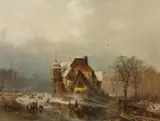 Carl Hilgers, Zahlreiche Personen auf dem Eis vor einem alten Wasserschlösschen, Öl auf Leinwand